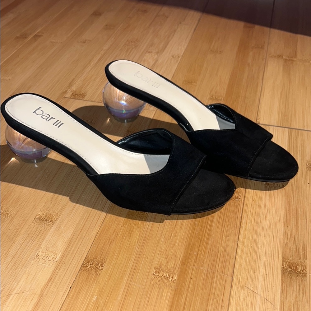 Bar III Black Heeled Mules with Clear Architectural Design